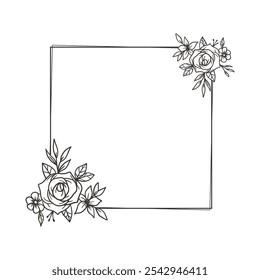 Floral frame minimalist design with hand drawn flowers and leaves square shape for wedding invitation or greeting card