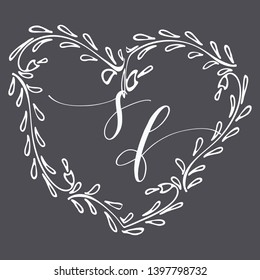 Floral Frame or Monogram Hand Drawn Element. Doodle Branches Border Illustration for Wedding Invitations, Greeting Card or Restaurant Menu. Hipster Hand Made Logo Design Template.