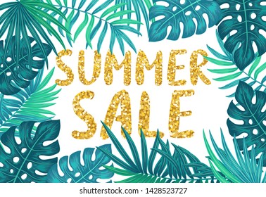 Floral frame with monstera and palm leaves with inscription 'Summer sale' vector illustration