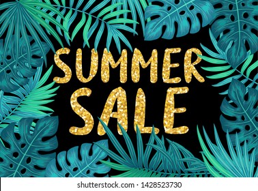 Floral frame with monstera and palm leaves with inscription 'Summer sale' vector illustration