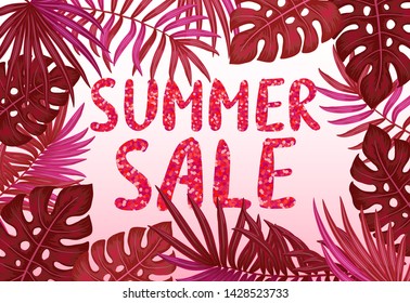 Floral frame with monstera and palm leaves with inscription 'Summer sale' vector illustration