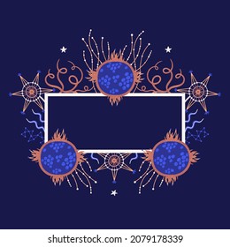 Floral frame of mysterious witch night flowers. Design with mysterious magic plants in blue and brown colors. Hand drawn style. Cover, card, print on clothes, poster. Vector illustration