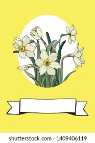 Floral frame with Narcissus. Floral greeting card or invitation.