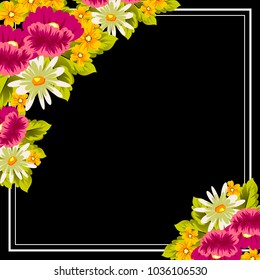 floral frame on black background. For your design of postcards, greeting cards, invitations for birthday, wedding, party, Valentine's day. Vector illustration.