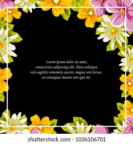 floral frame on black background. For your design of postcards, greeting cards, invitations for birthday, wedding, party, Valentine's day. Vector illustration.