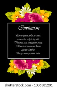 floral frame on black background. For your design of postcards, greeting cards, invitations for birthday, wedding, party, Valentine's day. Vector illustration.