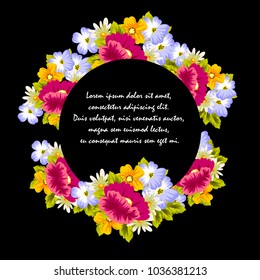 floral frame on black background. For your design of postcards, greeting cards, invitations for birthday, wedding, party, Valentine's day. Vector illustration.