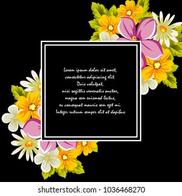 floral frame on black background. For your design of postcards, greeting cards, invitations for birthday, wedding, party, Valentine's day. Vector illustration.