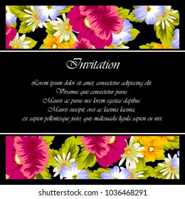 floral frame on black background. For your design of postcards, greeting cards, invitations for birthday, wedding, party, Valentine's day. Vector illustration.