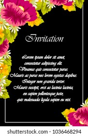 floral frame on black background. For your design of postcards, greeting cards, invitations for birthday, wedding, party, Valentine's day. Vector illustration.