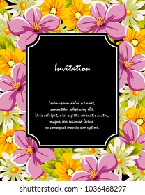 floral frame on black background. For your design of postcards, greeting cards, invitations for birthday, wedding, party, Valentine's day. Vector illustration.