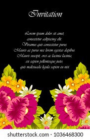 floral frame on black background. For your design of postcards, greeting cards, invitations for birthday, wedding, party, Valentine's day. Vector illustration.
