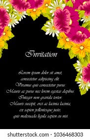 floral frame on black background. For your design of postcards, greeting cards, invitations for birthday, wedding, party, Valentine's day. Vector illustration.