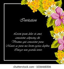 floral frame on black background. For your design of postcards, greeting cards, invitations for birthday, wedding, party, Valentine's day. Vector illustration.