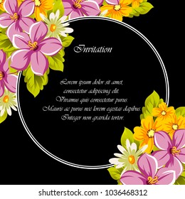 floral frame on black background. For your design of postcards, greeting cards, invitations for birthday, wedding, party, Valentine's day. Vector illustration.
