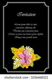 floral frame on black background. For your design of postcards, greeting cards, invitations for birthday, wedding, party, Valentine's day. Vector illustration.