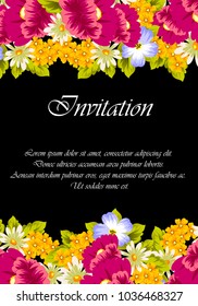 floral frame on black background. For your design of postcards, greeting cards, invitations for birthday, wedding, party, Valentine's day. Vector illustration.