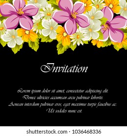 floral frame on black background. For your design of postcards, greeting cards, invitations for birthday, wedding, party, Valentine's day. Vector illustration.