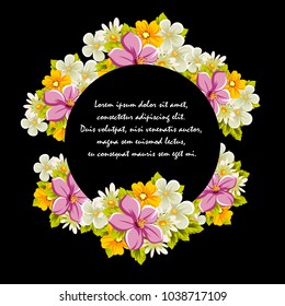 floral frame on black background. For your design of postcards, greeting cards, invitations for birthday, wedding, party, Valentine's day. Vector illustration.