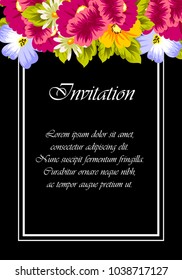 floral frame on black background. For your design of postcards, greeting cards, invitations for birthday, wedding, party, Valentine's day. Vector illustration.