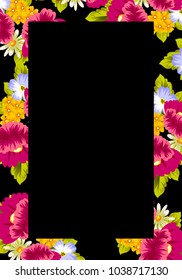 floral frame on black background. For your design of postcards, greeting cards, invitations for birthday, wedding, party, Valentine's day. Vector illustration.