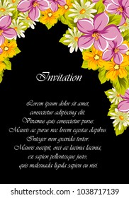 floral frame on black background. For your design of postcards, greeting cards, invitations for birthday, wedding, party, Valentine's day. Vector illustration.