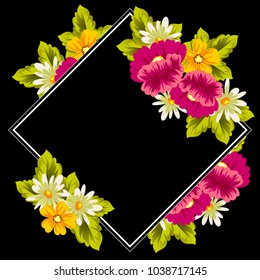 floral frame on black background. For your design of postcards, greeting cards, invitations for birthday, wedding, party, Valentine's day. Vector illustration.