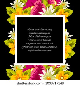 floral frame on black background. For your design of postcards, greeting cards, invitations for birthday, wedding, party, Valentine's day. Vector illustration.