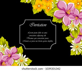 floral frame on black background. For your design of postcards, greeting cards, invitations for birthday, wedding, party, Valentine's day. Vector illustration.
