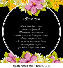 floral frame on black background. For your design of postcards, greeting cards, invitations for birthday, wedding, party, Valentine's day. Vector illustration.