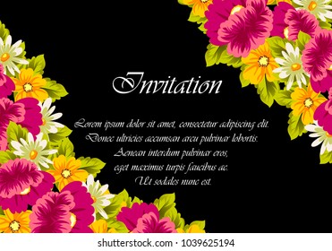 floral frame on black background. For your design of postcards, greeting cards, invitations for birthday, wedding, party, Valentine's day. Vector illustration.