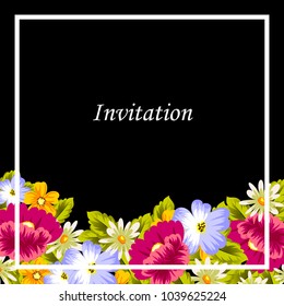 floral frame on black background. For your design of postcards, greeting cards, invitations for birthday, wedding, party, Valentine's day. Vector illustration.