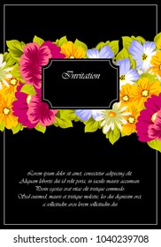 floral frame on black background. For your design of postcards, greeting cards, invitations for birthday, wedding, party, Valentine's day. Vector illustration.