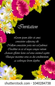 floral frame on black background. For your design of postcards, greeting cards, invitations for birthday, wedding, party, Valentine's day. Vector illustration.