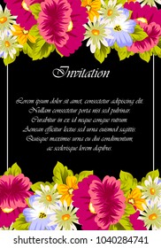 floral frame on black background. For your design of postcards, greeting cards, invitations for birthday, wedding, party, Valentine's day. Vector illustration.