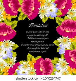 floral frame on black background. For your design of postcards, greeting cards, invitations for birthday, wedding, party, Valentine's day. Vector illustration.