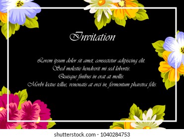 floral frame on black background. For your design of postcards, greeting cards, invitations for birthday, wedding, party, Valentine's day. Vector illustration.
