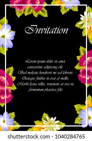 floral frame on black background. For your design of postcards, greeting cards, invitations for birthday, wedding, party, Valentine's day. Vector illustration.