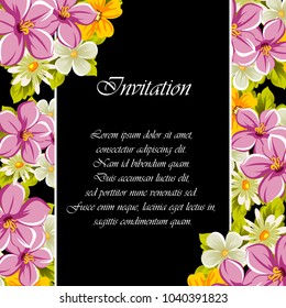 floral frame on black background. For your design of postcards, greeting cards, invitations for birthday, wedding, party, Valentine's day. Vector illustration.