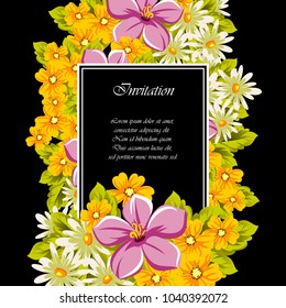 floral frame on black background. For your design of postcards, greeting cards, invitations for birthday, wedding, party, Valentine's day. Vector illustration.