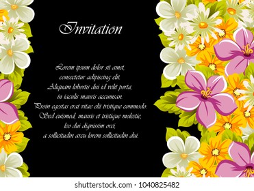floral frame on black background. For your design of postcards, greeting cards, invitations for birthday, wedding, party, Valentine's day. Vector illustration.