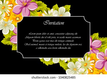 floral frame on black background. For your design of postcards, greeting cards, invitations for birthday, wedding, party, Valentine's day. Vector illustration.