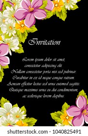 floral frame on black background. For your design of postcards, greeting cards, invitations for birthday, wedding, party, Valentine's day. Vector illustration.