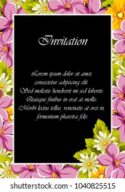 floral frame on black background. For your design of postcards, greeting cards, invitations for birthday, wedding, party, Valentine's day. Vector illustration.