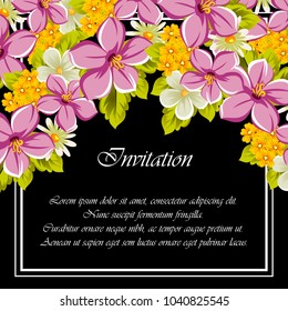 floral frame on black background. For your design of postcards, greeting cards, invitations for birthday, wedding, party, Valentine's day. Vector illustration.