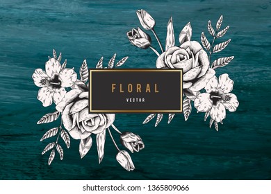 Blumenrahmen auf blauem Hintergrund, Vektorgrafik