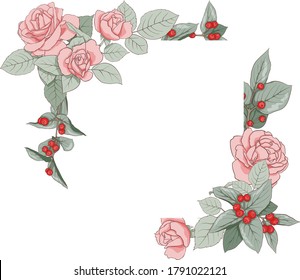 Floral frame on an isolated background. A square frame of roses and leaves for the design of invitations, cards, paper, books, websites, decor, design, etc. Vector illustration