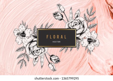 Floral frame on pink brushstroke texture background vector