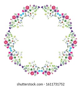 Floral frame on white background. Decorative botanical design element of leaves and bright summer flowers in circle