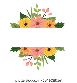 Floral frame on white background. Colorful summer meadow wildflowers and leaves, botanical template for cards, invitations